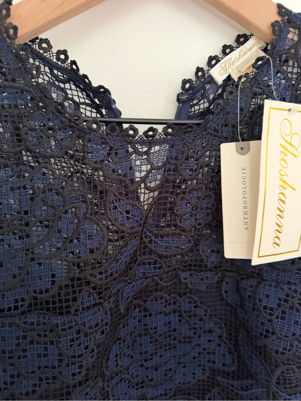 Anthropologie Navy Lace Midi Dress with Scalloped Ruffle Hem